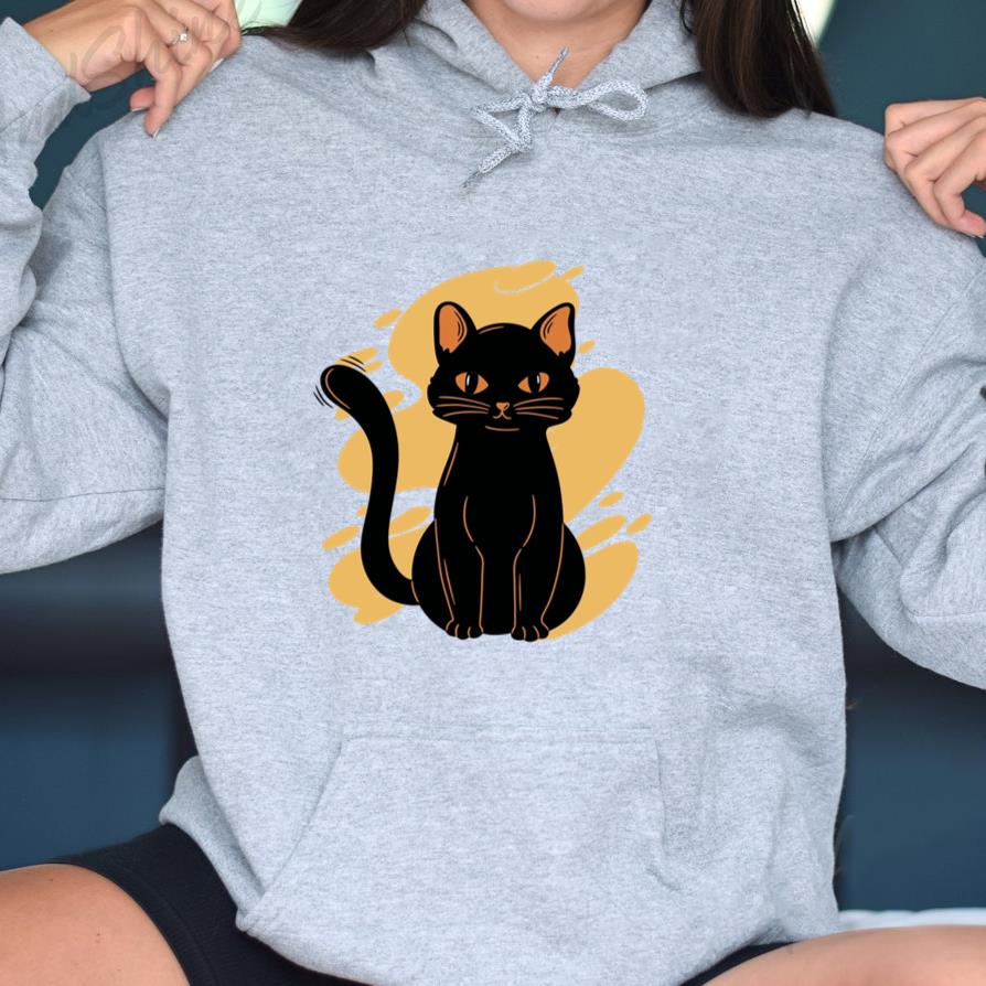 Black Cat Sitting Yellow Background Hoodie
