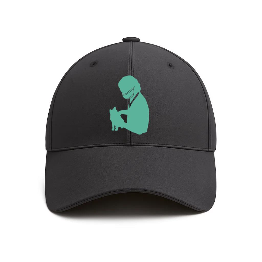 Silhouette Of A Veterinarian Holding A Cat In Green Cotton Baseball Hat