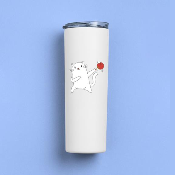 White Cat Is Playing Ping Pong With A Red Ball Tumbler